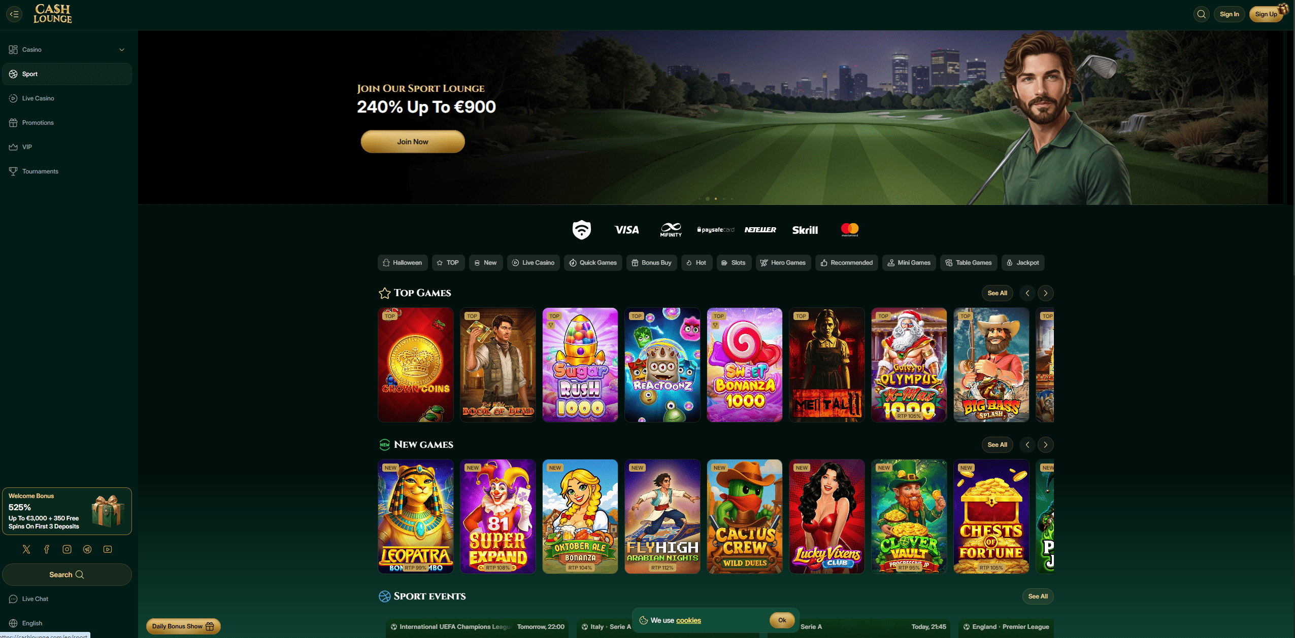 Screenshot of the Cash Lounge Casino website