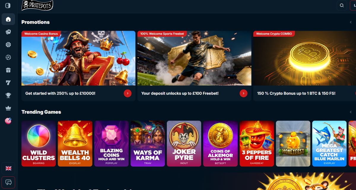 Screenshot of the Pirate Pots Casino website